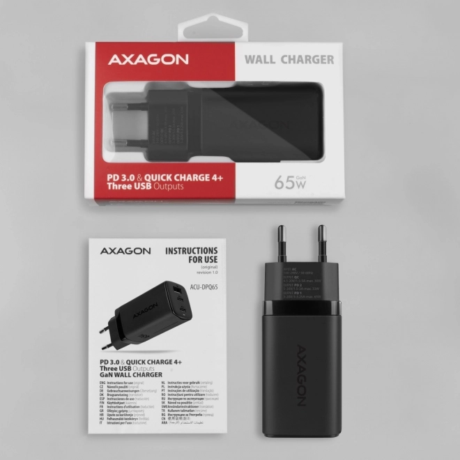 Cestovná nabíjačka AXAGON GaN 65W s 3 portami (USB-A + dual USB-C)