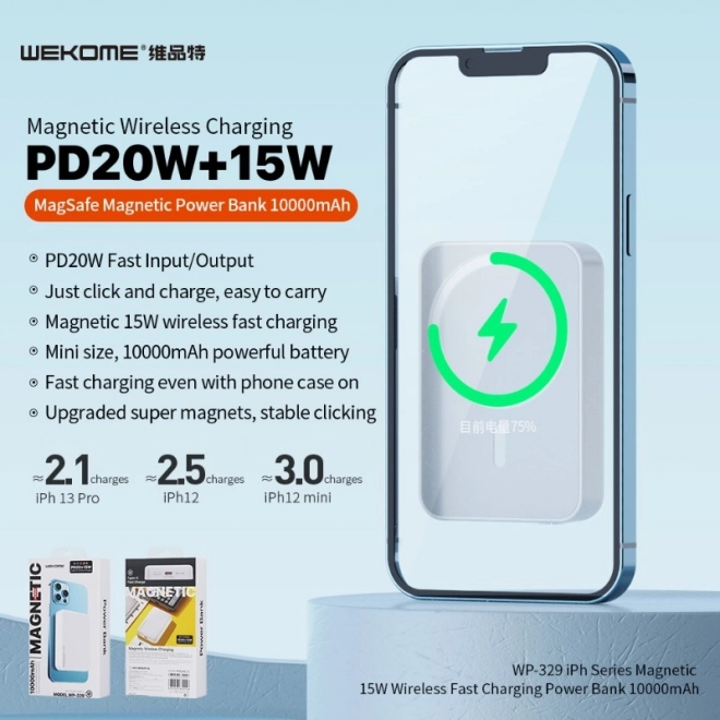 Indukčná powerbanka 10000 mAh Rýchle nabíjanie PD 20W MagSafe biela