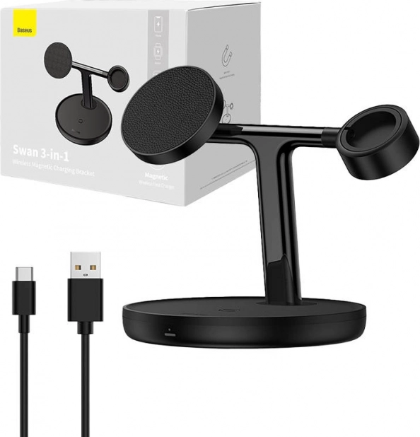 magnetický bezdrôtový nabíjací stojan BASEUS Swan 3 v 1, 15 W MagSafe, čierny