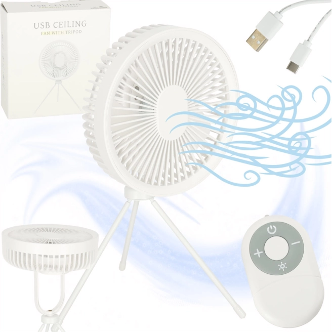 Bezdrôtový stolový ventilátor USB s diaľkovým ovládaním a LED lampičkou, 4 rýchlosti, 18 cm, biely