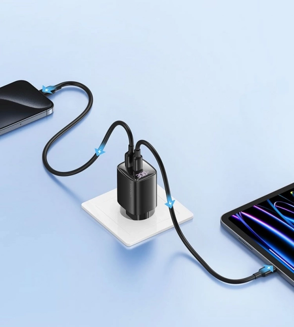 Nabíjačka do siete 30W GaN s LED USB+USB-C Biela