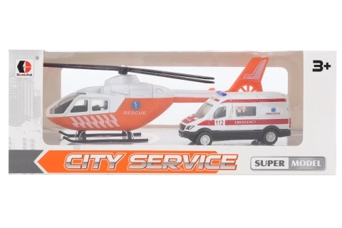 Kovová sanitka a helikoptéra