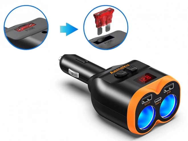 Rýchlo nabíjajúci rozdvojka do auta s dvomi USB-A a jedným USB-C portom