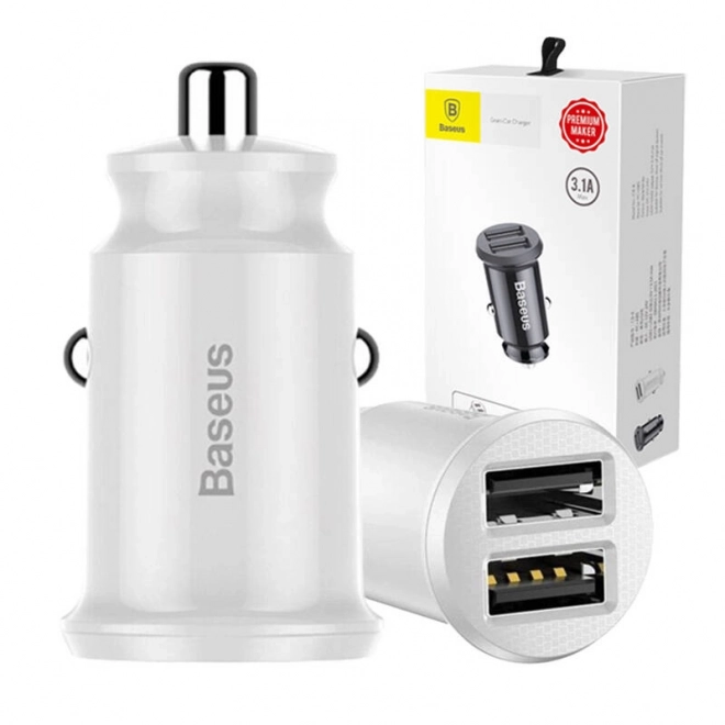 Mini duálna autonabíjačka Baseus, 2x USB, 15W, biela