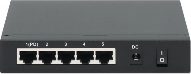 gigabitový 5-portový PoE+ switch s PoE passthrough, napájanie PoE alebo AC, 68 W