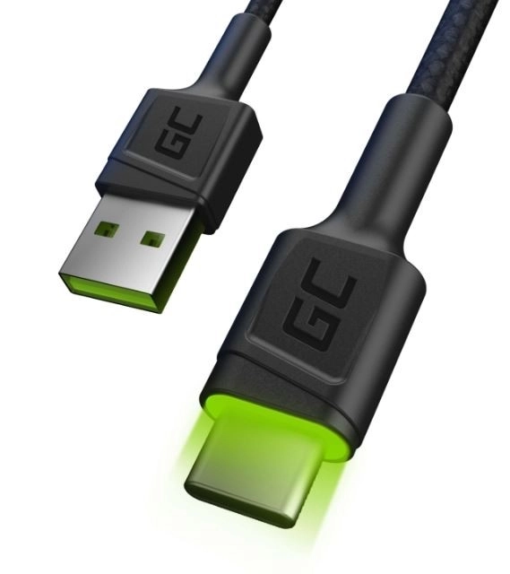 Kábel USB - USB-C Green Cell GC Ray 120 cm, zelená LED, Ultra Charge, QC 3.0