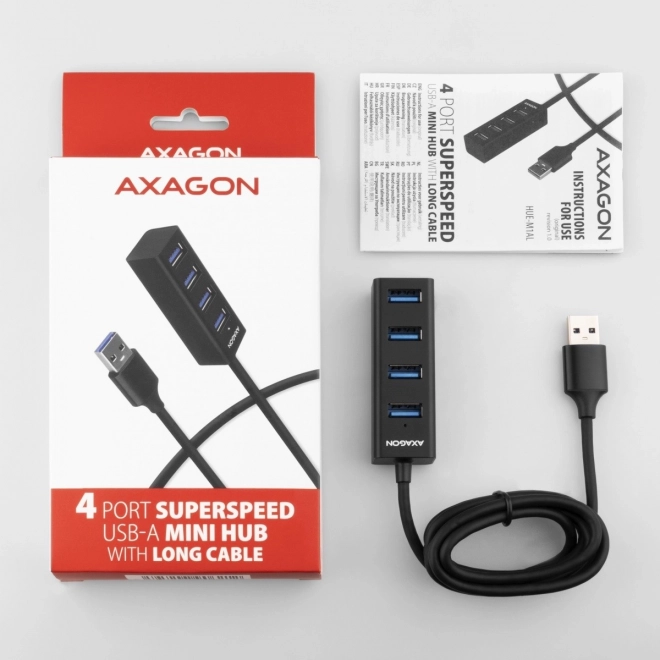 Mini kovový USB hub AXAGON 4-portový USB 3.2 Gen 1 s dĺžkou kábla 1,2 m