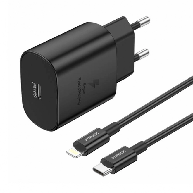 Foneng USB-C sieťový adaptér 25W + USB-C - Lightning kábel čierny