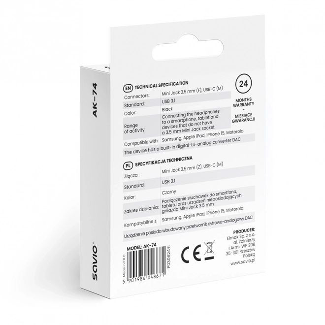 Adaptér audio - USB-C na jack 3,5 mm