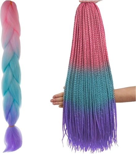 Syntetické vlasy ombré vrkôčiky ružová/tyrkysová/fialová, 60 cm