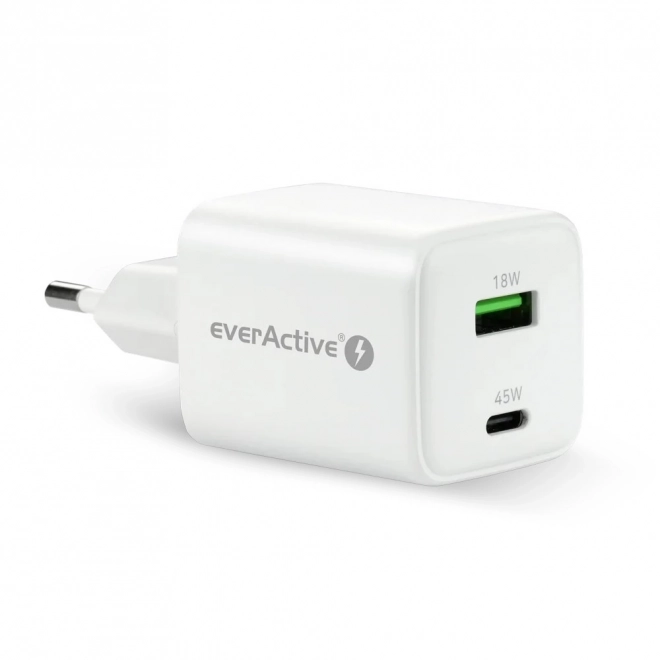 Biela sieťová nabíjačka GaN s 1X USB a 1X USB-C 45W