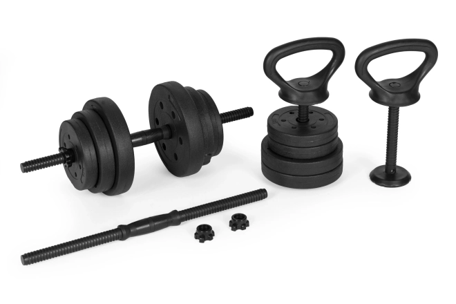 Nastaviteľná činka 2x20 kg s osou a kettlebellom