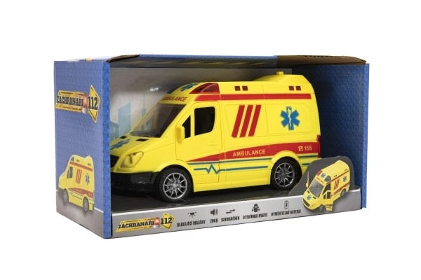 Ambulancia auto plast 20cm na zotrvačník na batérie so zvukom so svetlom v krabici 26x15x12cm