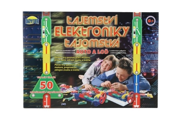 Tajomstvá elektroniky - auto, čln 50 experimentov na batérie v krabici 46,5x33,5x4 cm od 6 rokov