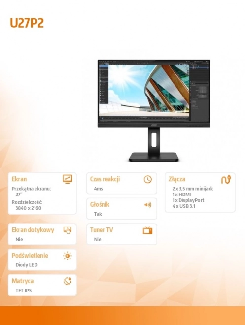 Monitor AOC 27-palcov 4K UHD IPS s HDMI, DP, USB a Pivotom