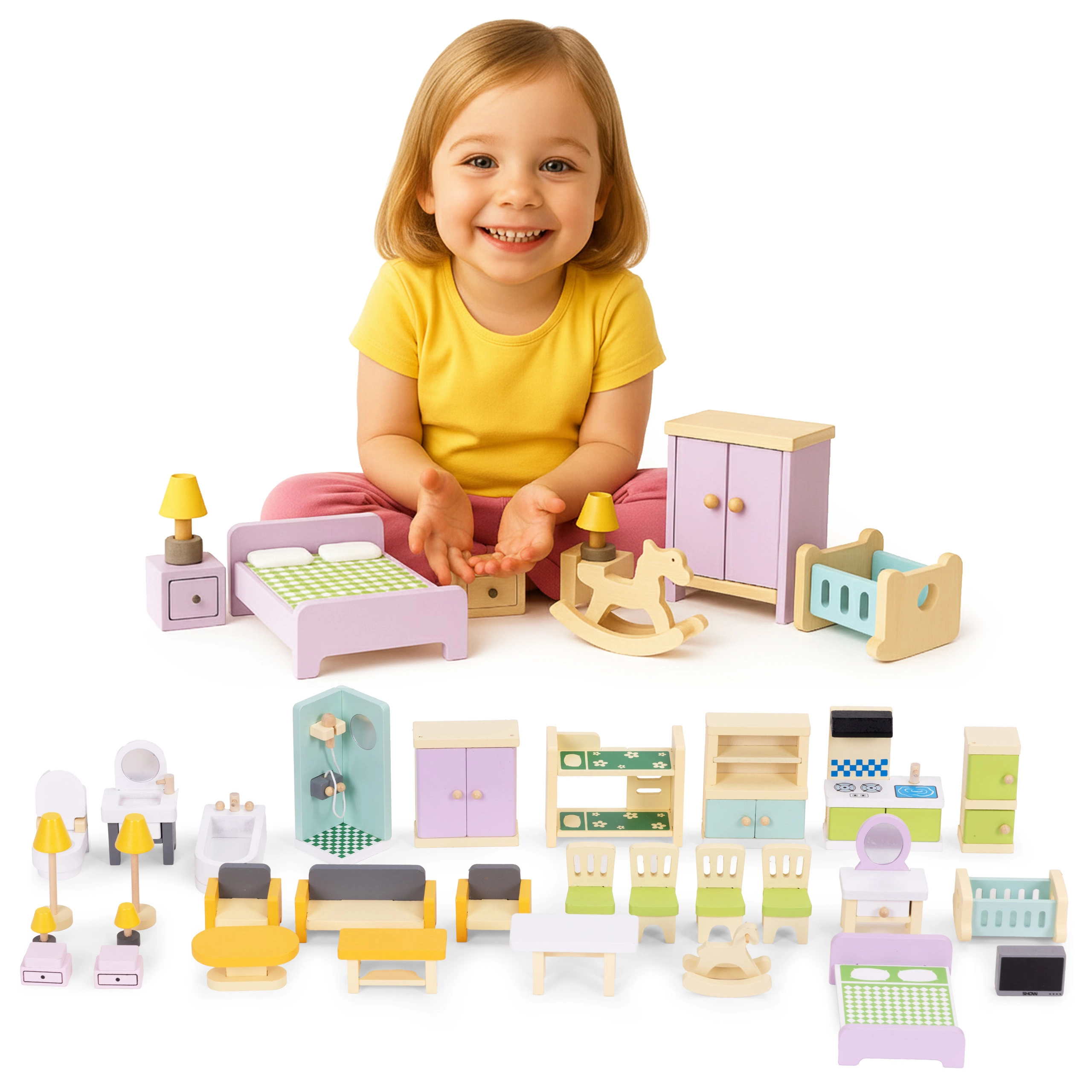 Drevený nábytok do domčeka pre bábiky – sada 30 kusov
