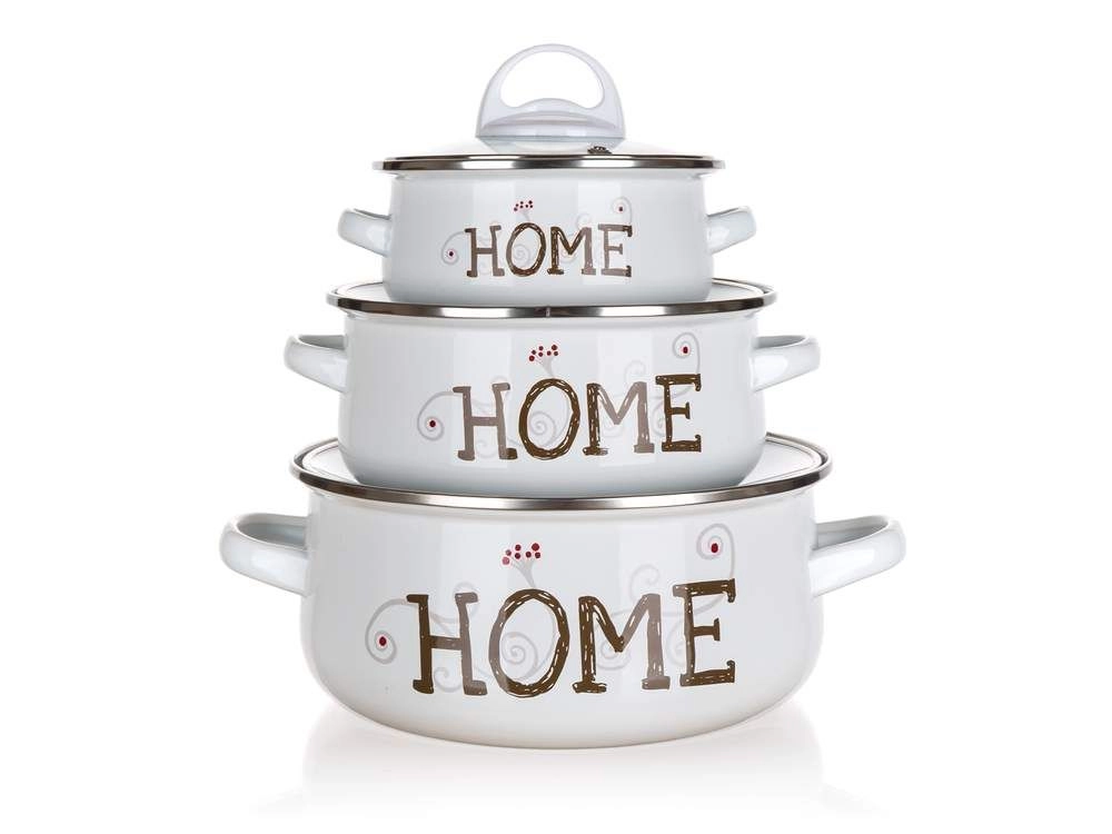 E-shop Sada smaltovaných hrncov BANQUET Home, 6 ks, biele so sklenenými pokrievkami
