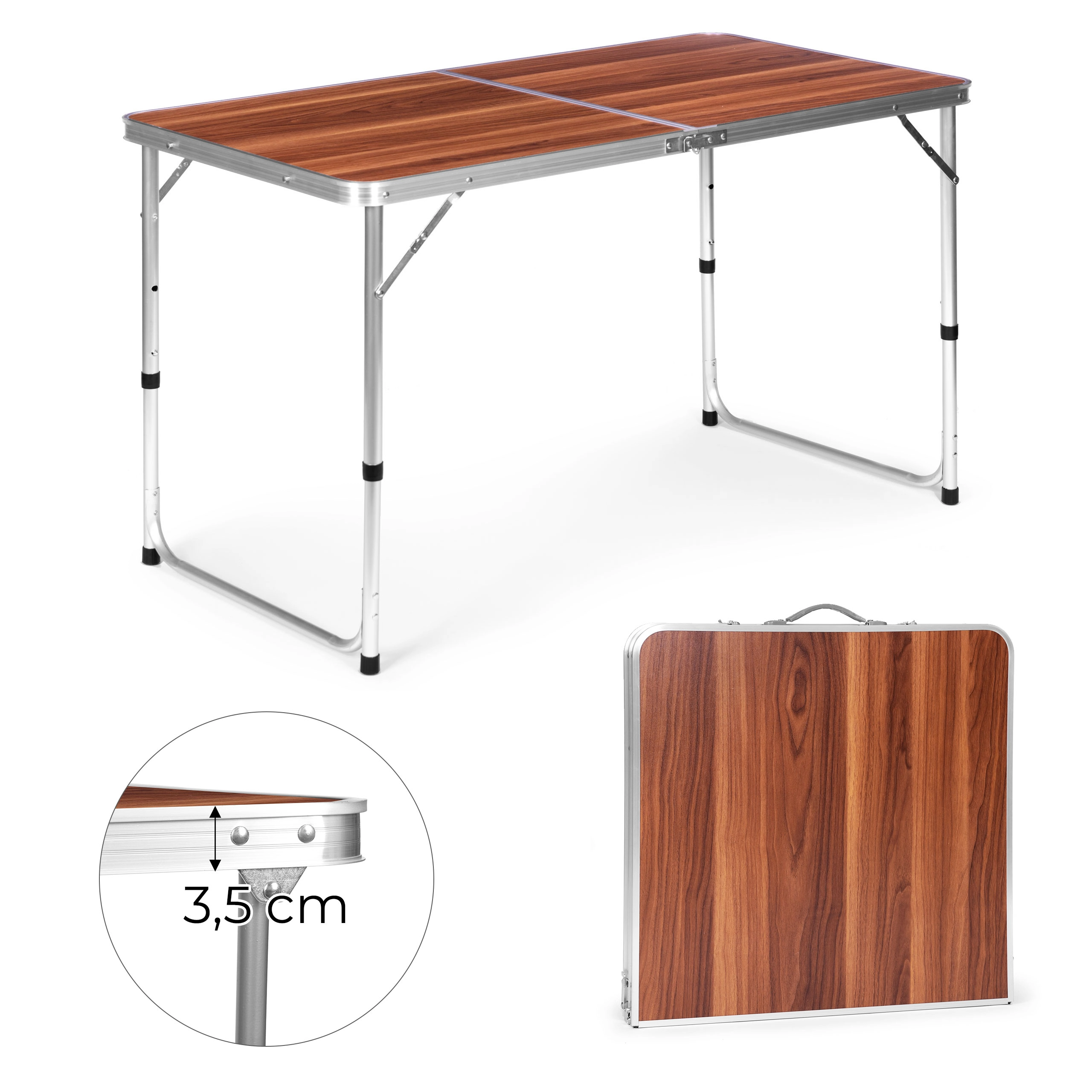 E-shop Turistický stolík – skladací kempingový stôl, hnedá doska, 120 × 60 cm
