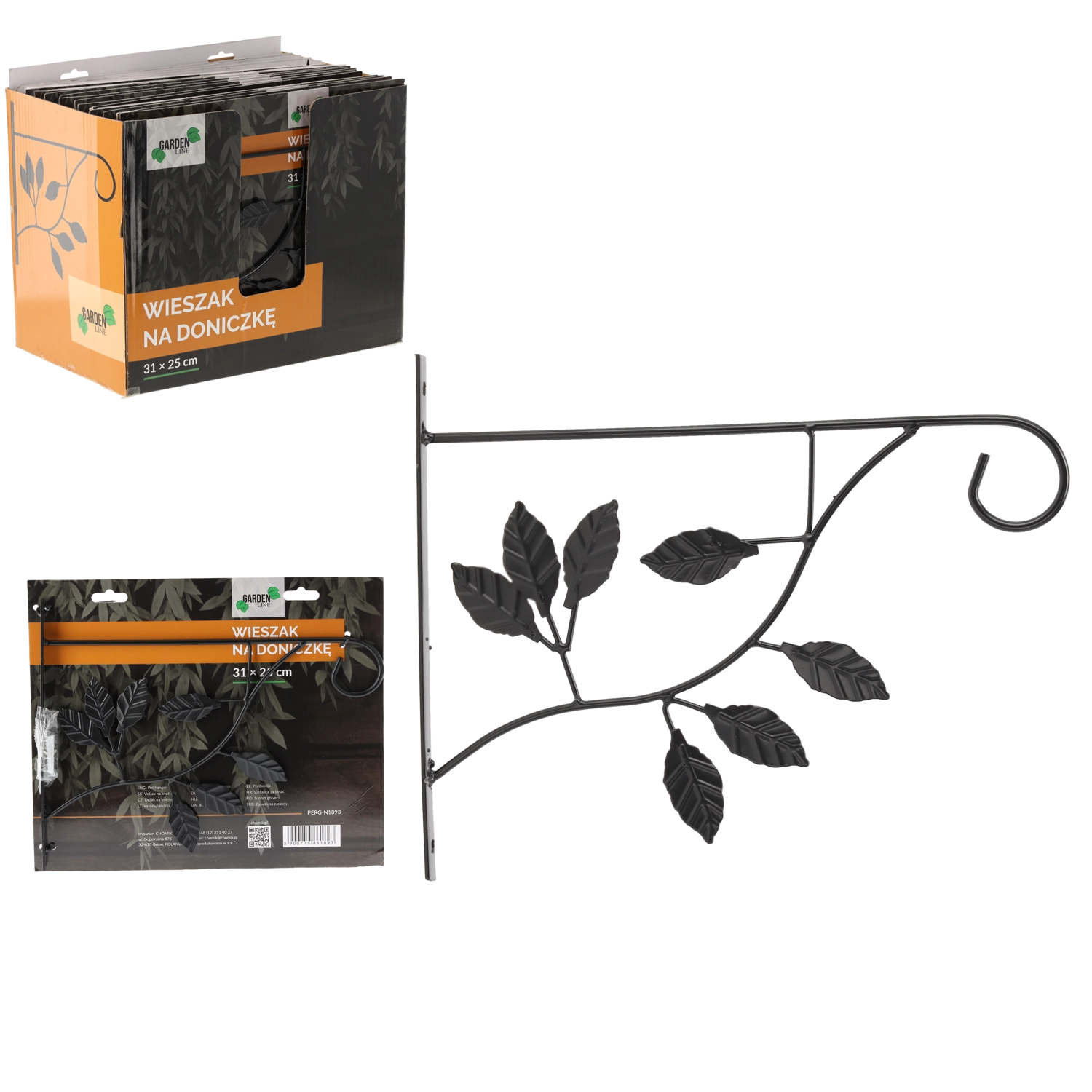 E-shop Nástenný závesný držiak na kvetináč 31 × 25 cm – čierny, motív listov