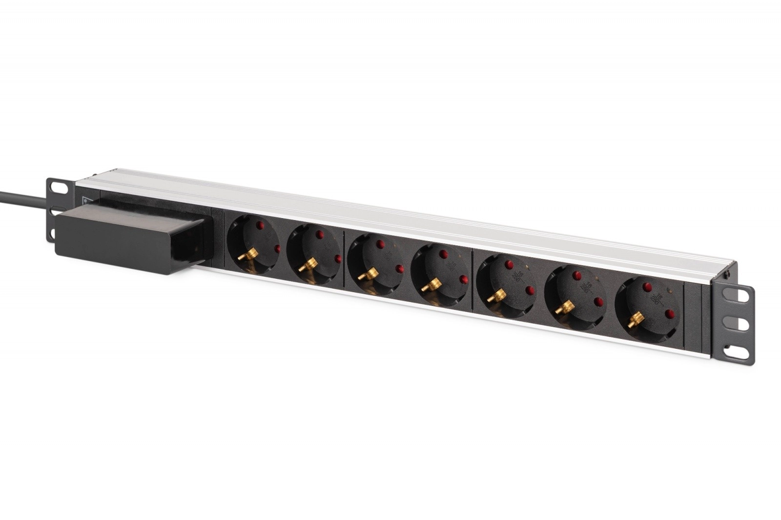 E-shop Racková PDU lišta 19" s vypínačom a ističom C 16 A, 7x Schuko, 1,8 m kábel, hliník