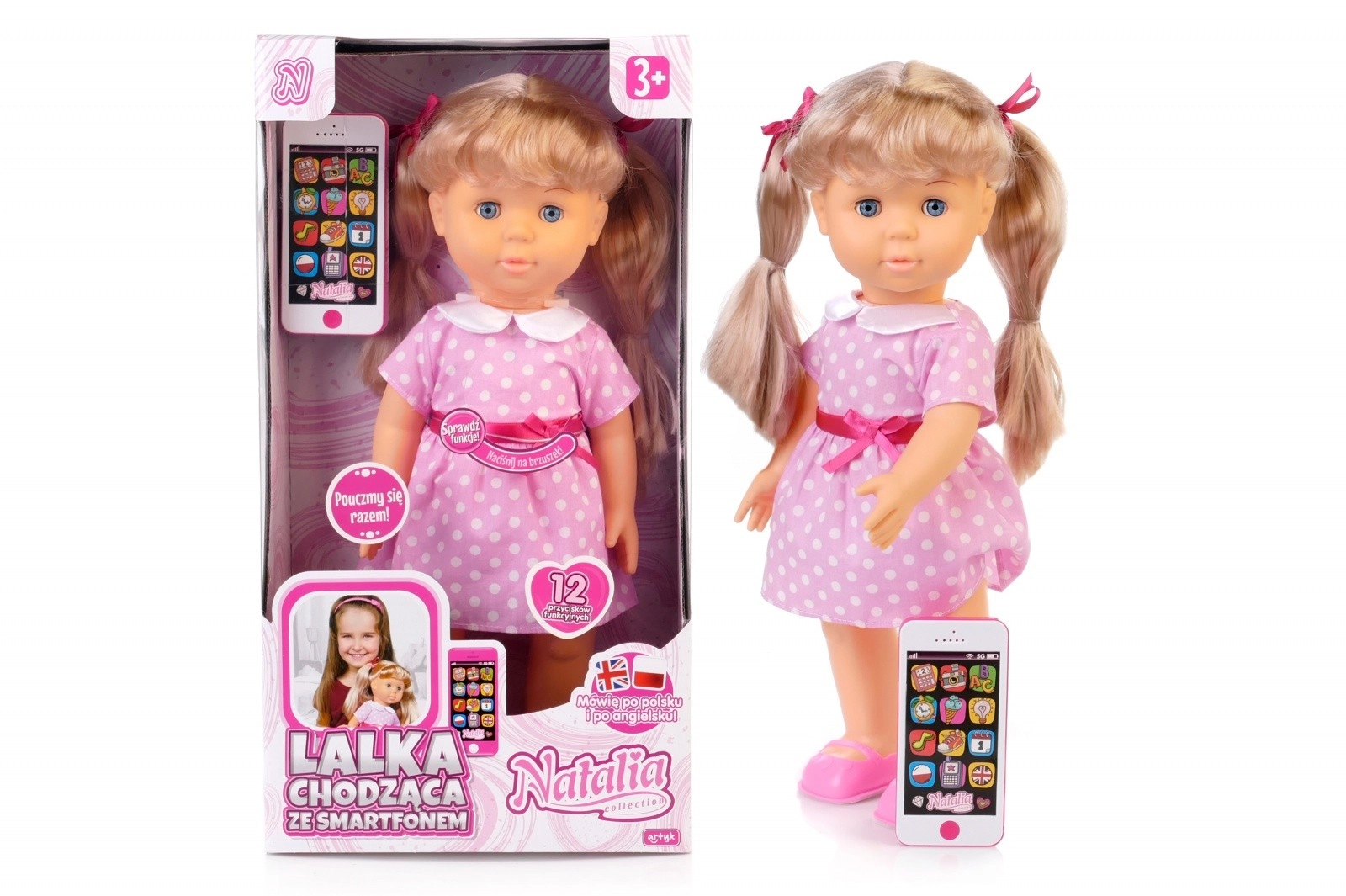Chodiaca bábika NATALIA so smartfónom 41 cm