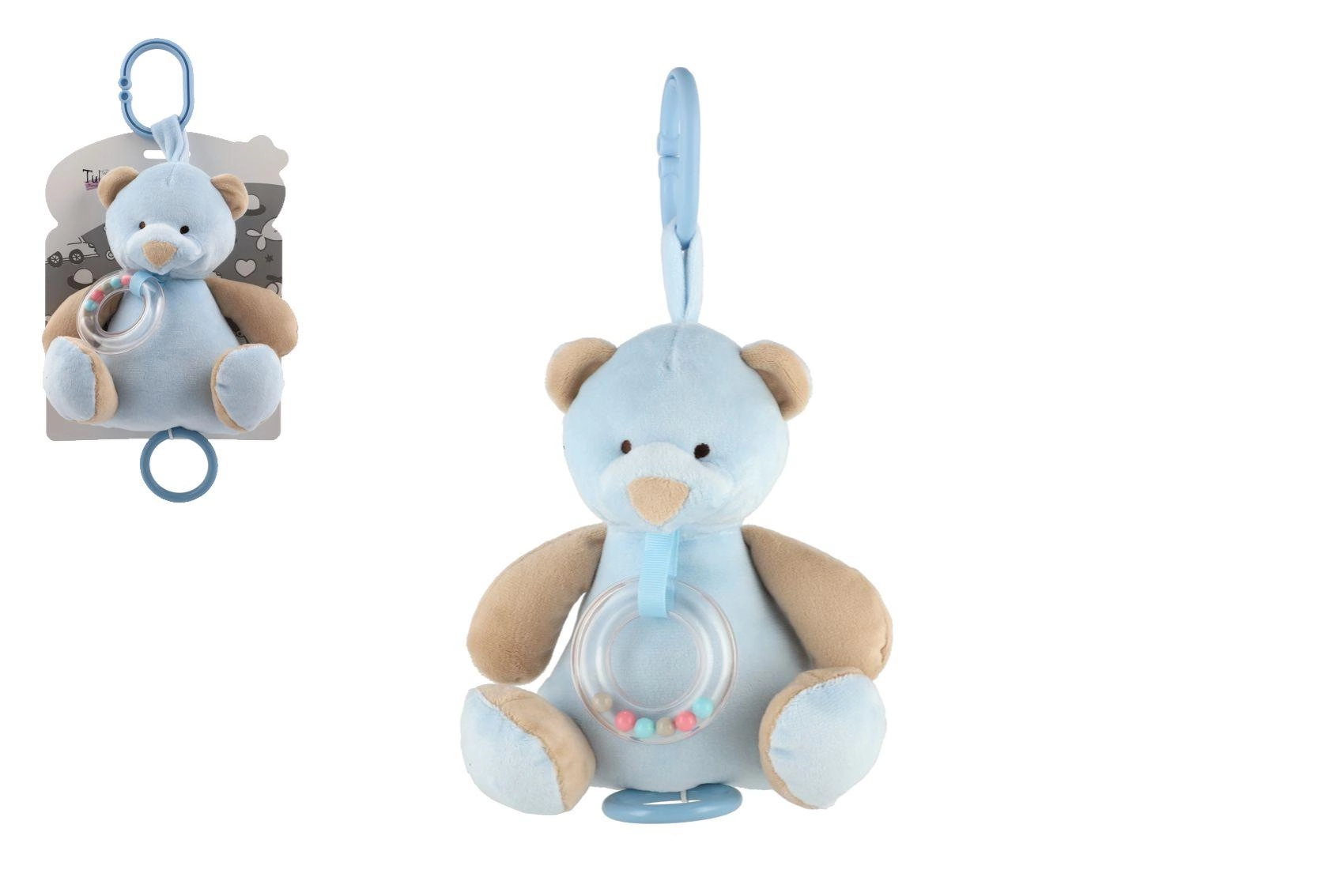 E-shop Teddies Medveď plyš 18cm záves na postieľku/kočík nat. hrací strojček modrý