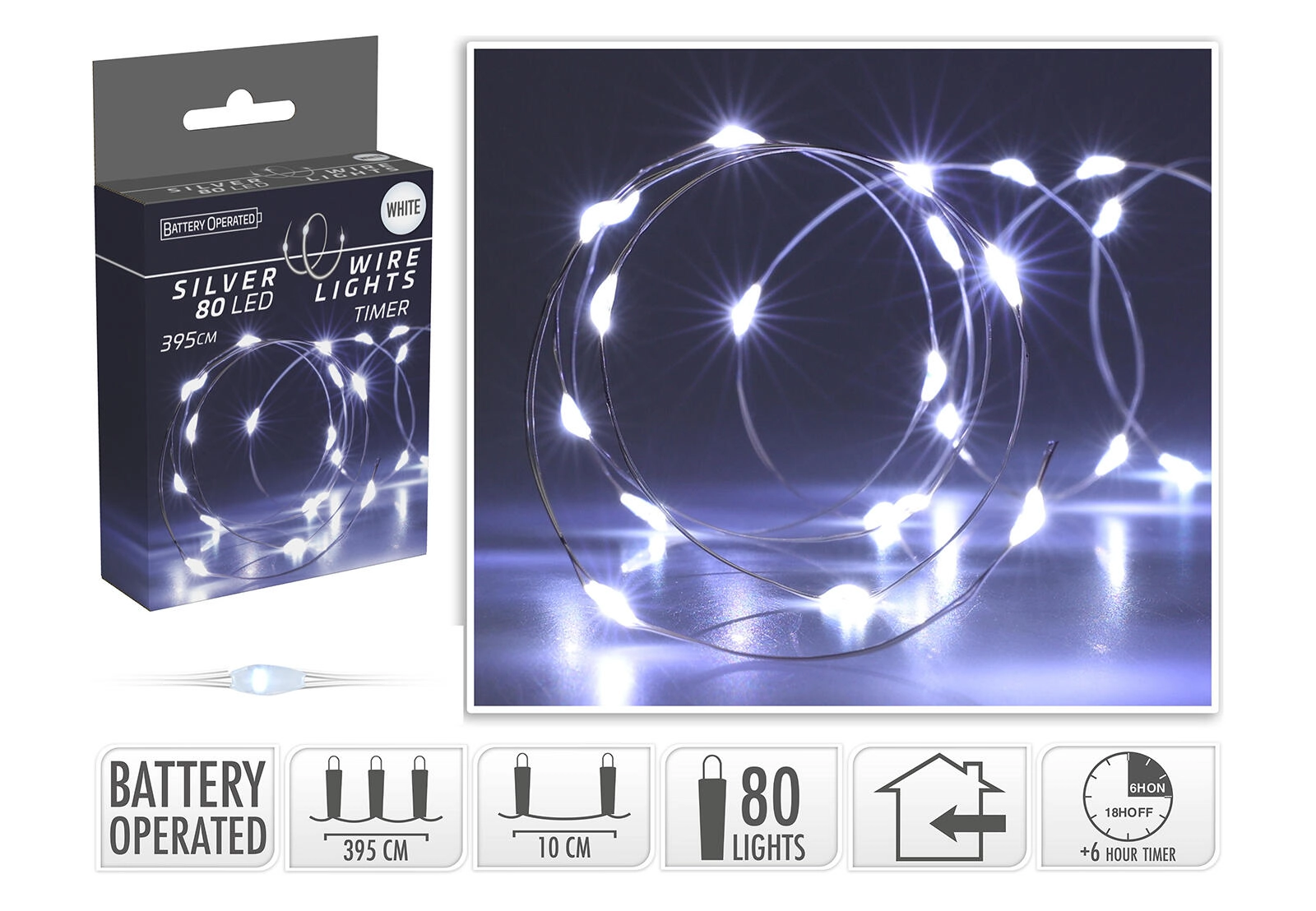 Vianočná LED svetelná reťaz 3,95 m, 80 LED, studená biela, na batérie s časovačom – 1 kus