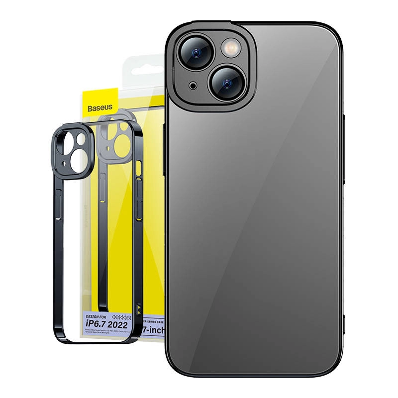 E-shop Baseus Glitter priehľadné puzdro a sada tvrdeného skla pre iPhone 14 Plus (čierna)
