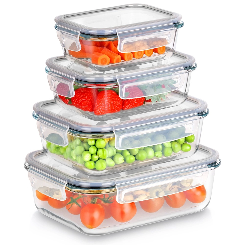 Sklenené dózy na potraviny s vekom a tesnením, sada 4 ks