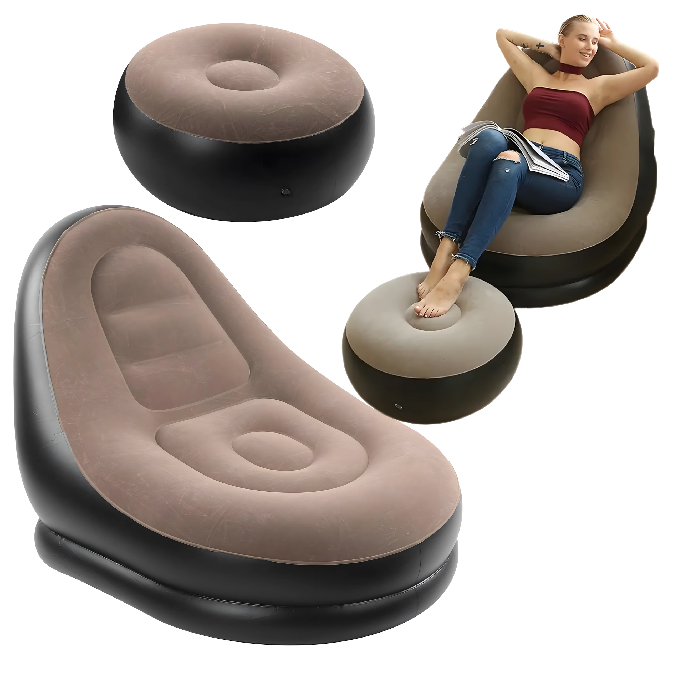 nafukovacie záhradné a plážové kreslo s podnožkou