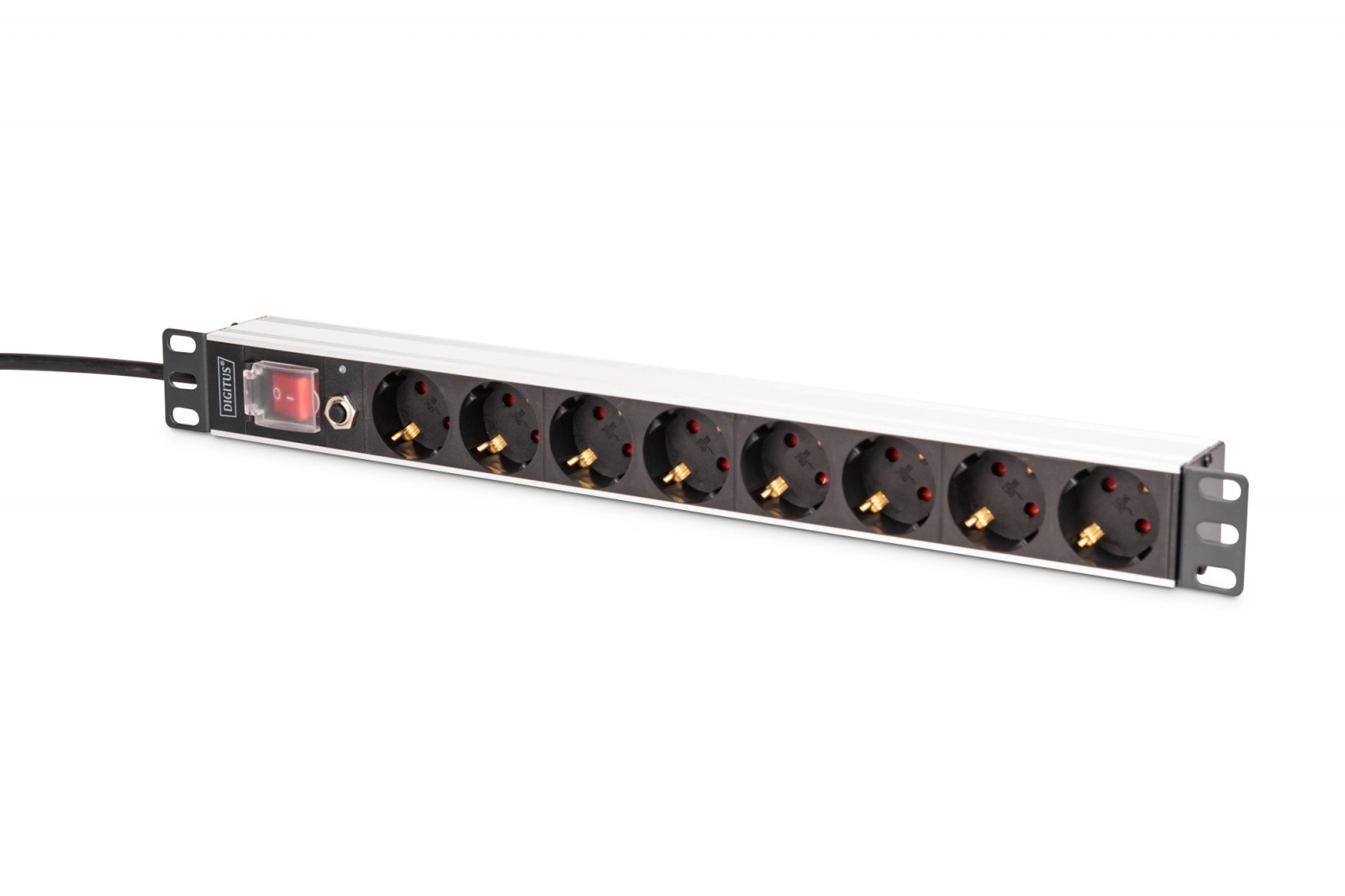 E-shop Racková PDU lišta 19'' s ochranou proti preťaženiu, 8 zásuviek Schuko, 2 m kábel, 16 A, hliníková