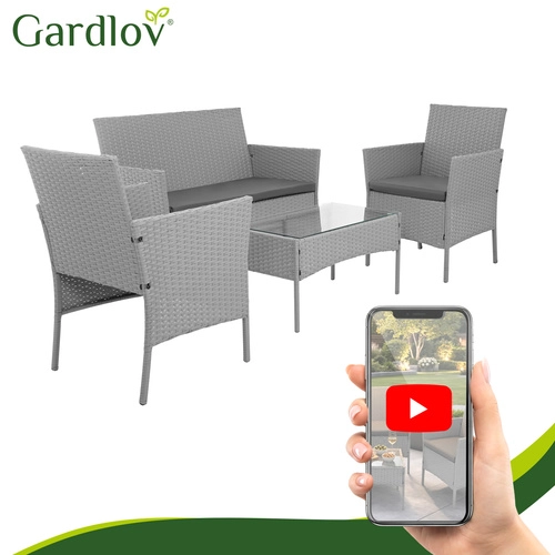 Záhradný technoratanový set GARDLOV, sivý – 2 kreslá, pohovka a konferenčný stolík so sklom