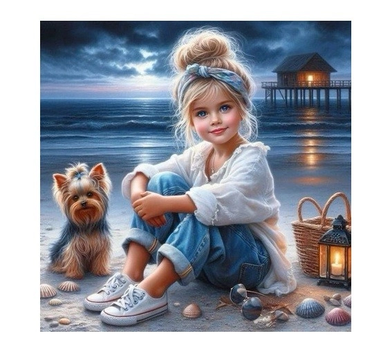 Diamantová mozaika Dievča so psíkom na pláži