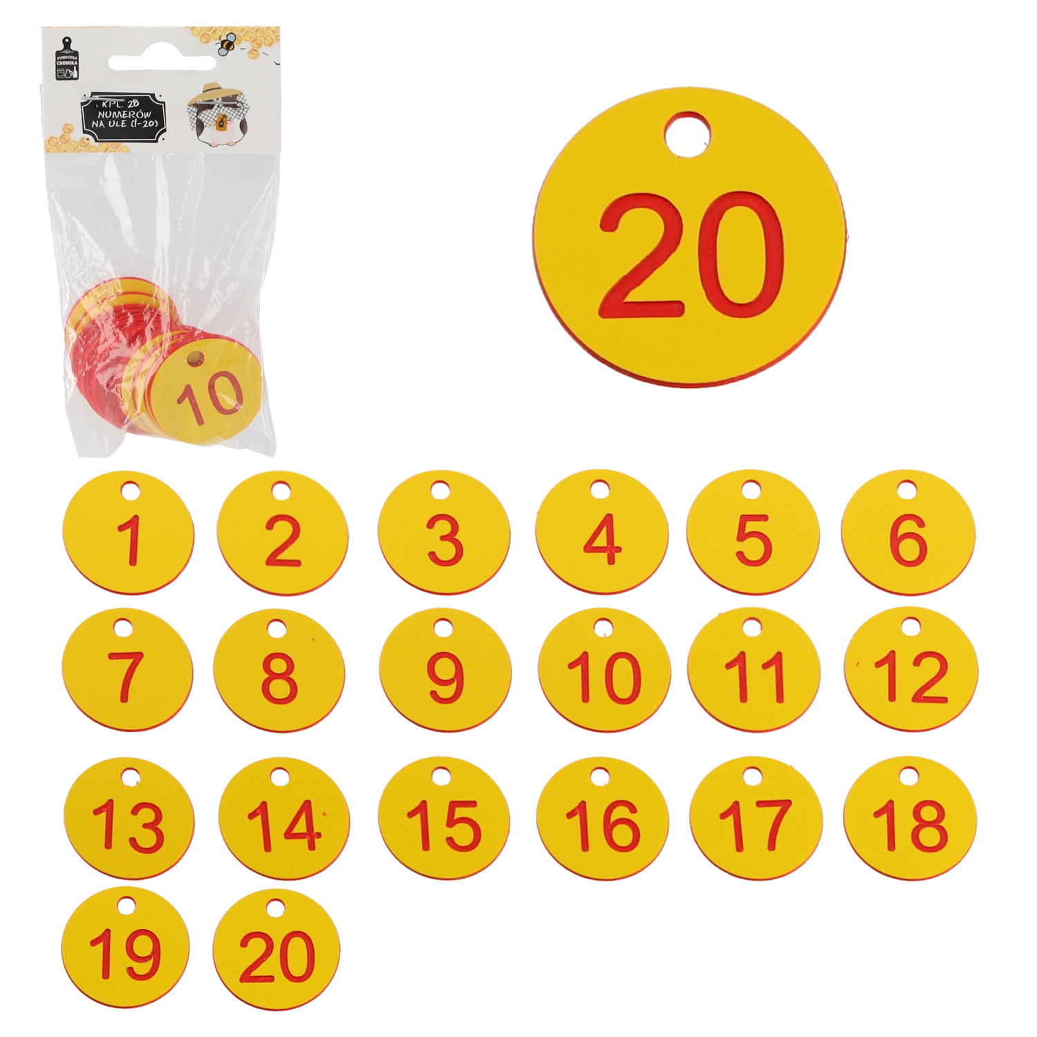 E-shop Sada čísel na úle 1–20, plastové žetóny s otvorom 3,5 cm