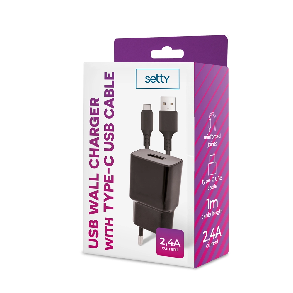 E-shop Setty sieťová nabíjačka 1× USB 2,4 A čierna + USB‑C kábel 1 m