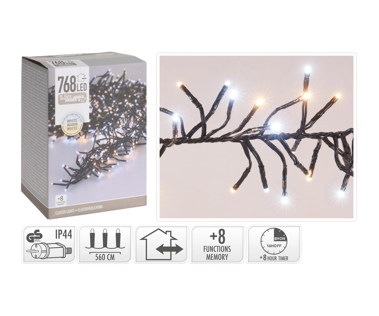 Vianočná LED svetelná reťaz 5,6 m, 768 LED, teplá biela, 8 funkcií, IP44, s časovačom - 1 kus