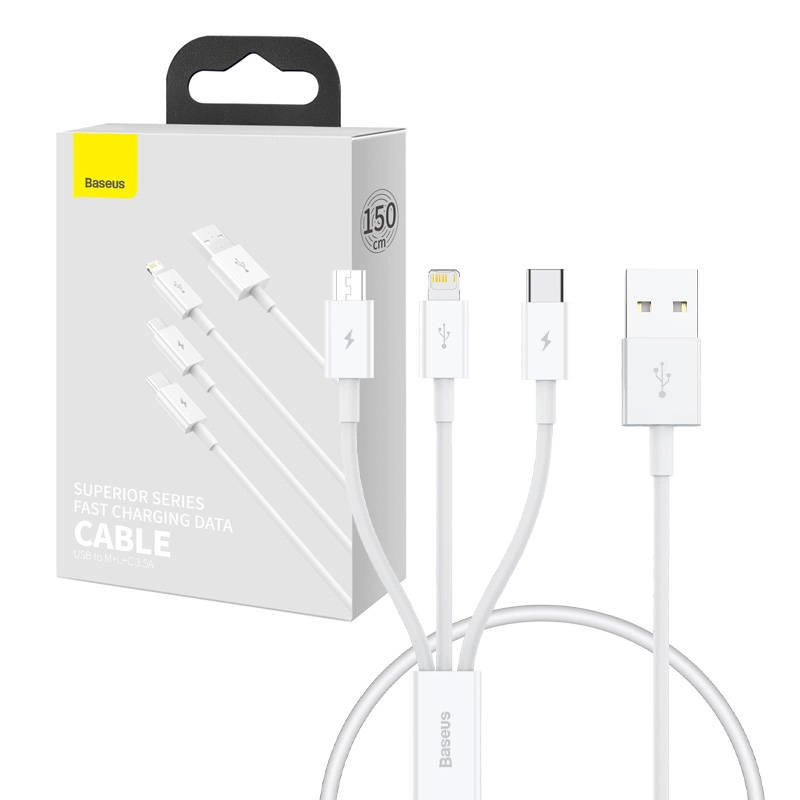 Baseus Superior viacportový nabíjací a dátový kábel USB na Lightning/USB‑C/Micro USB 0,5 m biely