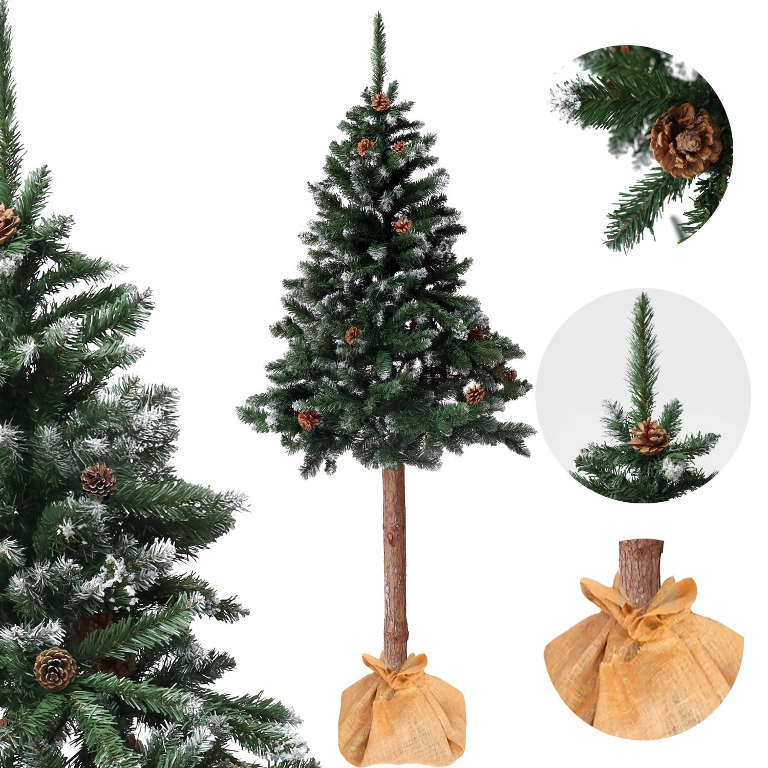 Umelý vianočný stromček na kmeni 180 cm, diamantová borovica so šiškami, zasnežený