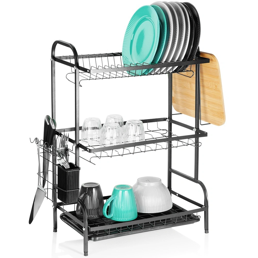 Kovový odkvapkávač na riad, čierny, trojúrovňový 54,5 × 24,5 × 60 cm