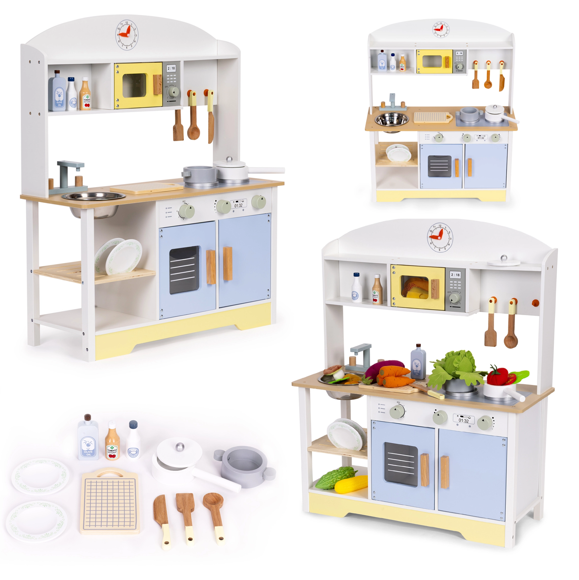 drevená detská kuchynka s rúrou, práčkou a mikrovlnkou ECOTOYS – 12 doplnkov