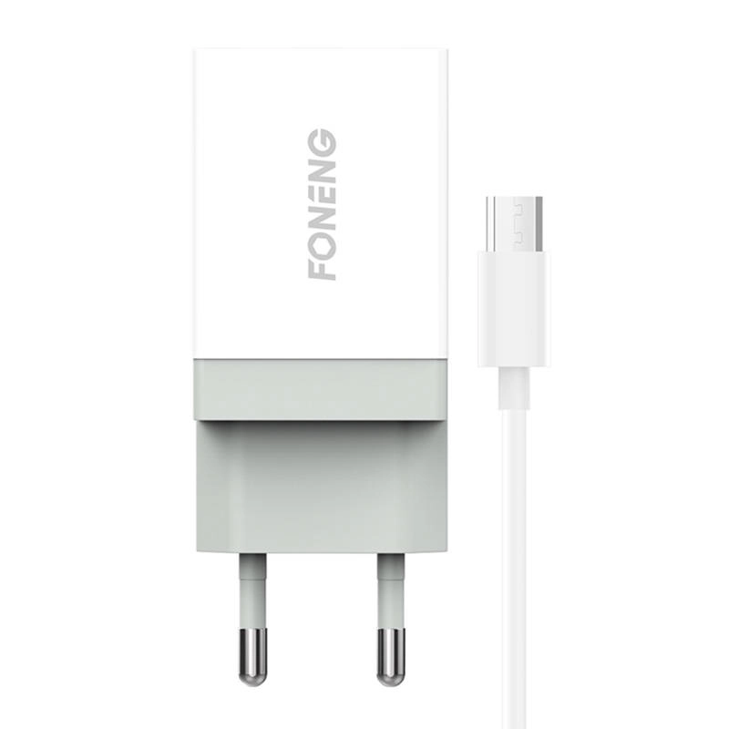 E-shop Rýchla sieťová nabíjačka FONENG 10,5 W, 1× USB, s káblom micro USB – biela