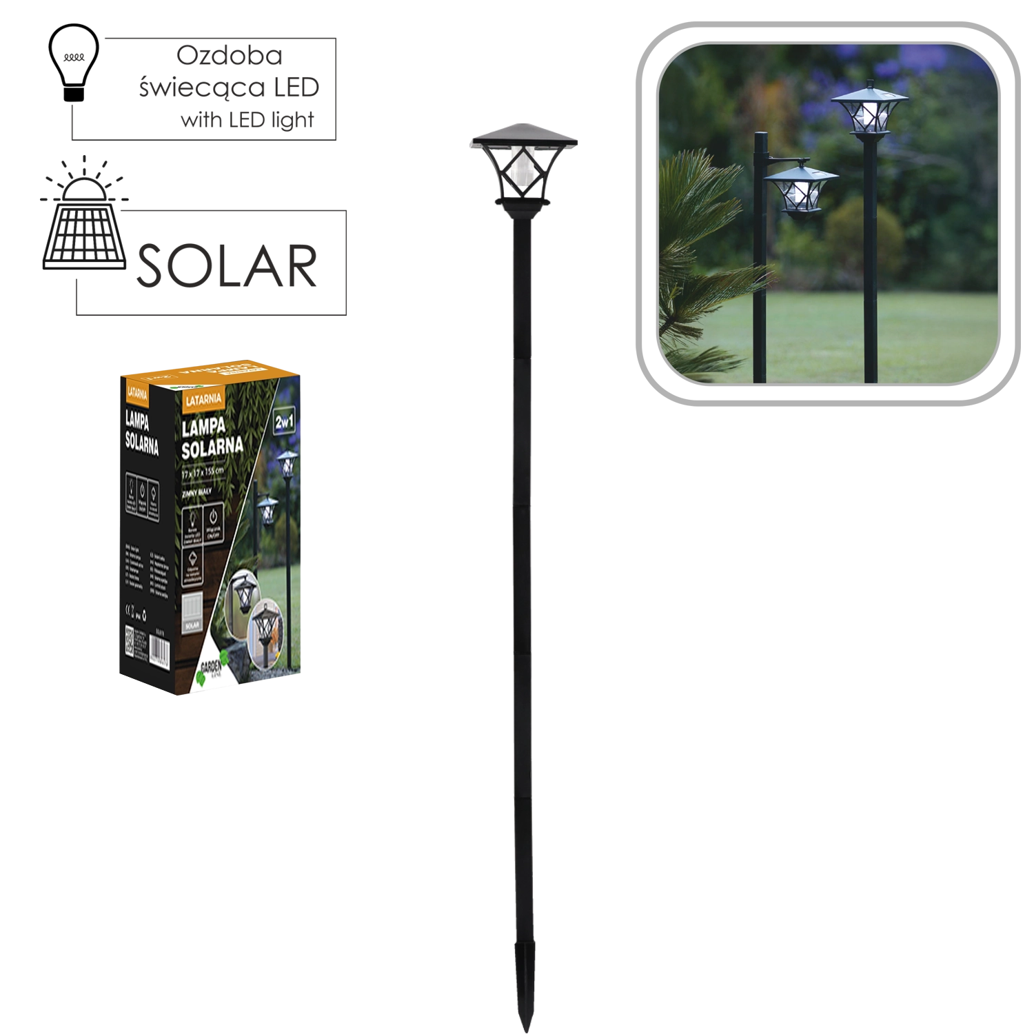 E-shop Solárna lampa 2v1 s LED studenou bielou, 155 cm