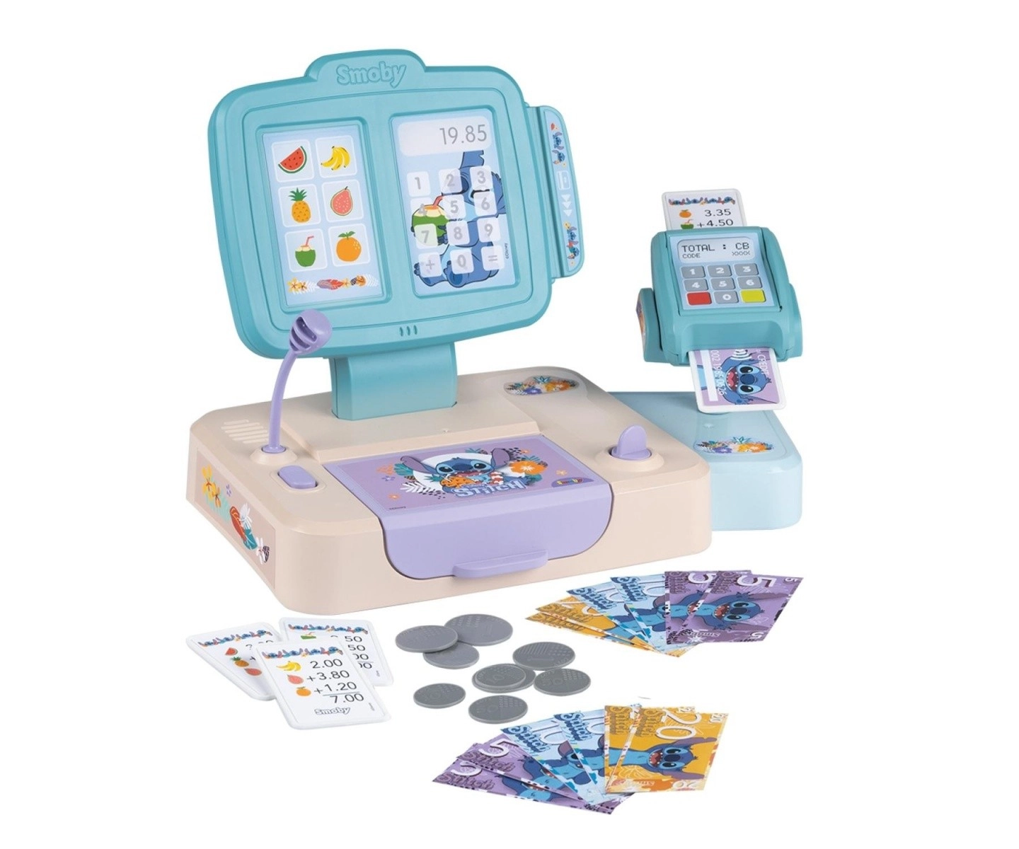 Smoby Registračná pokladňa Stitch Cash Register s otvárateľnou pokladňou a platobným terminálom 26 doplnkov