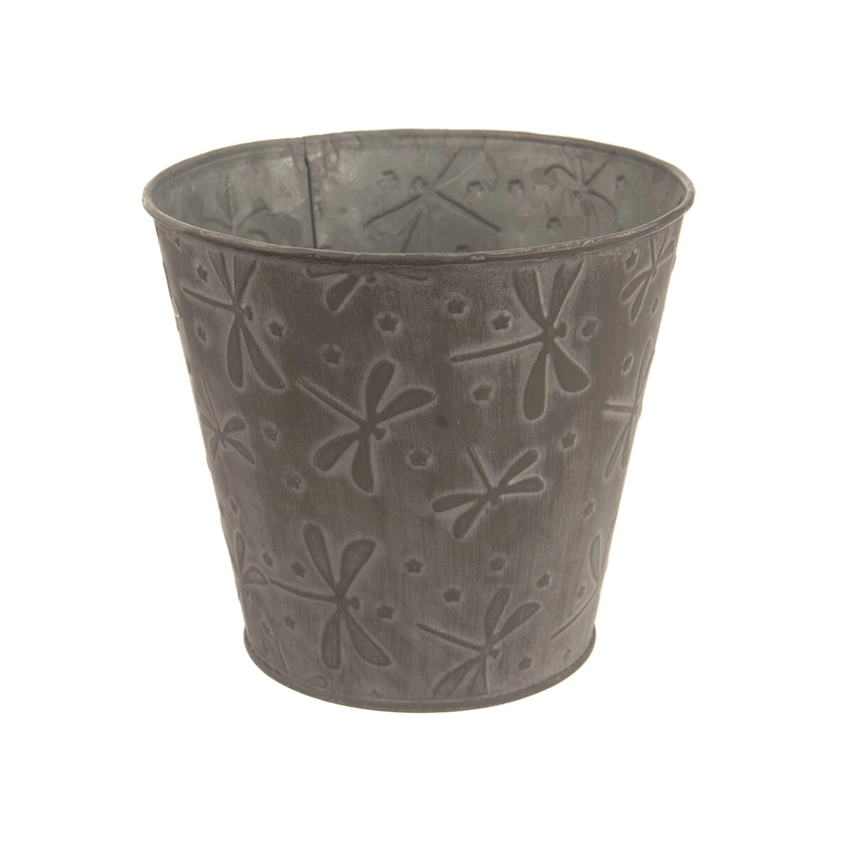 E-shop Dekoratívny plechový kvetináč s motívom vážok, sivý 15 × 15 × 13 cm