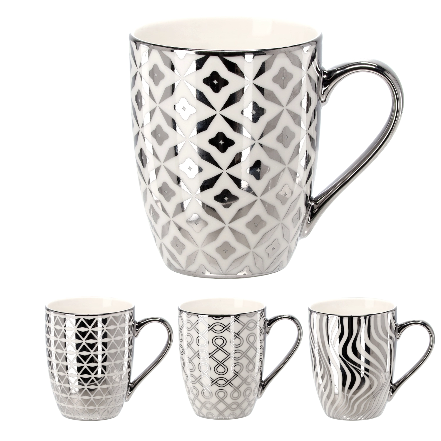 E-shop Porcelánový hrnček 340 ml v strieborno-bielej farbe s geometrickými vzormi