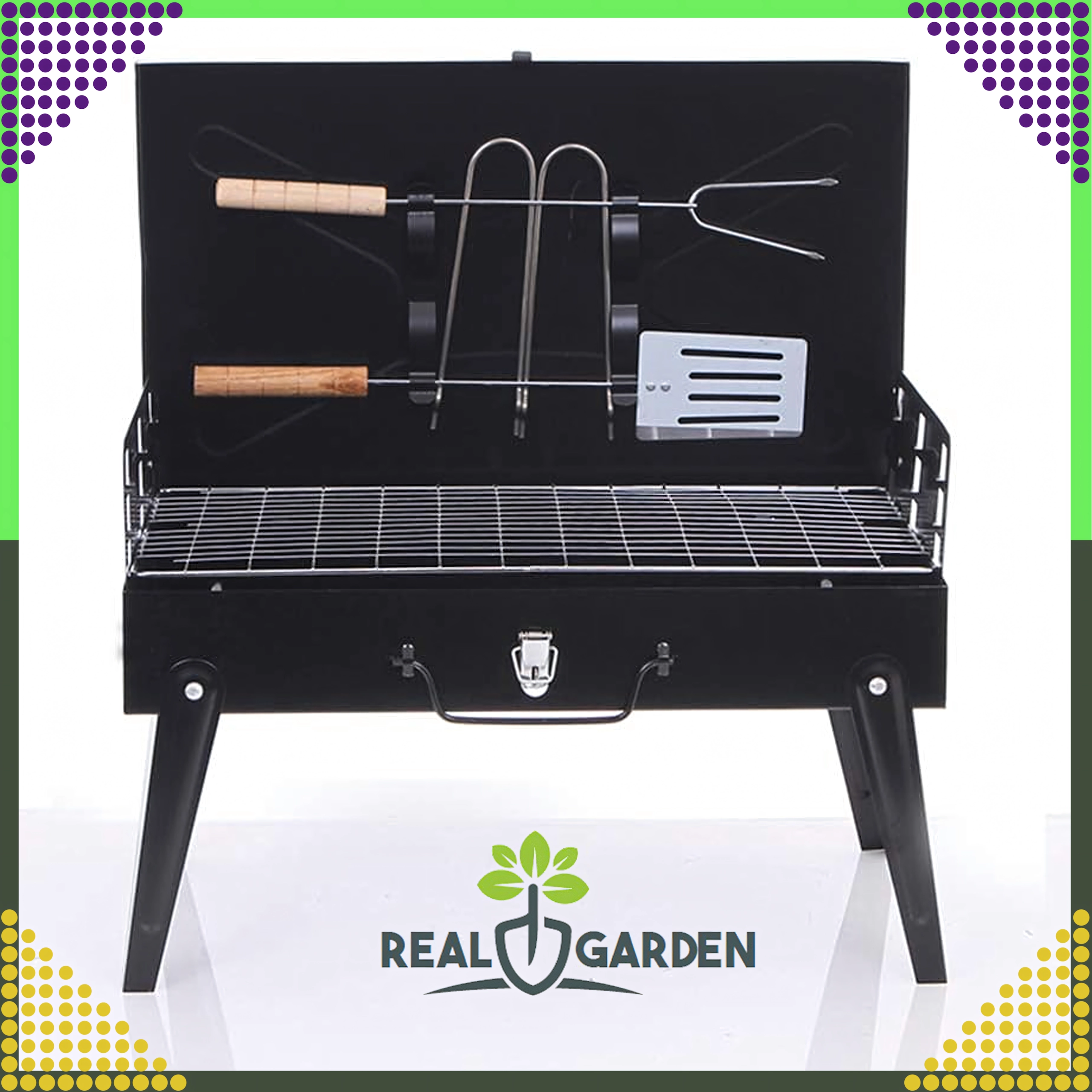 Skladací prenosný cestovný gril v kufríku so sadou náradia