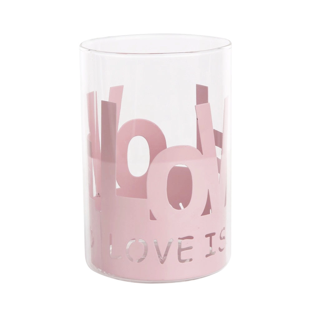 E-shop Sklenený svietnik Love v ružovom kovovom tienidle