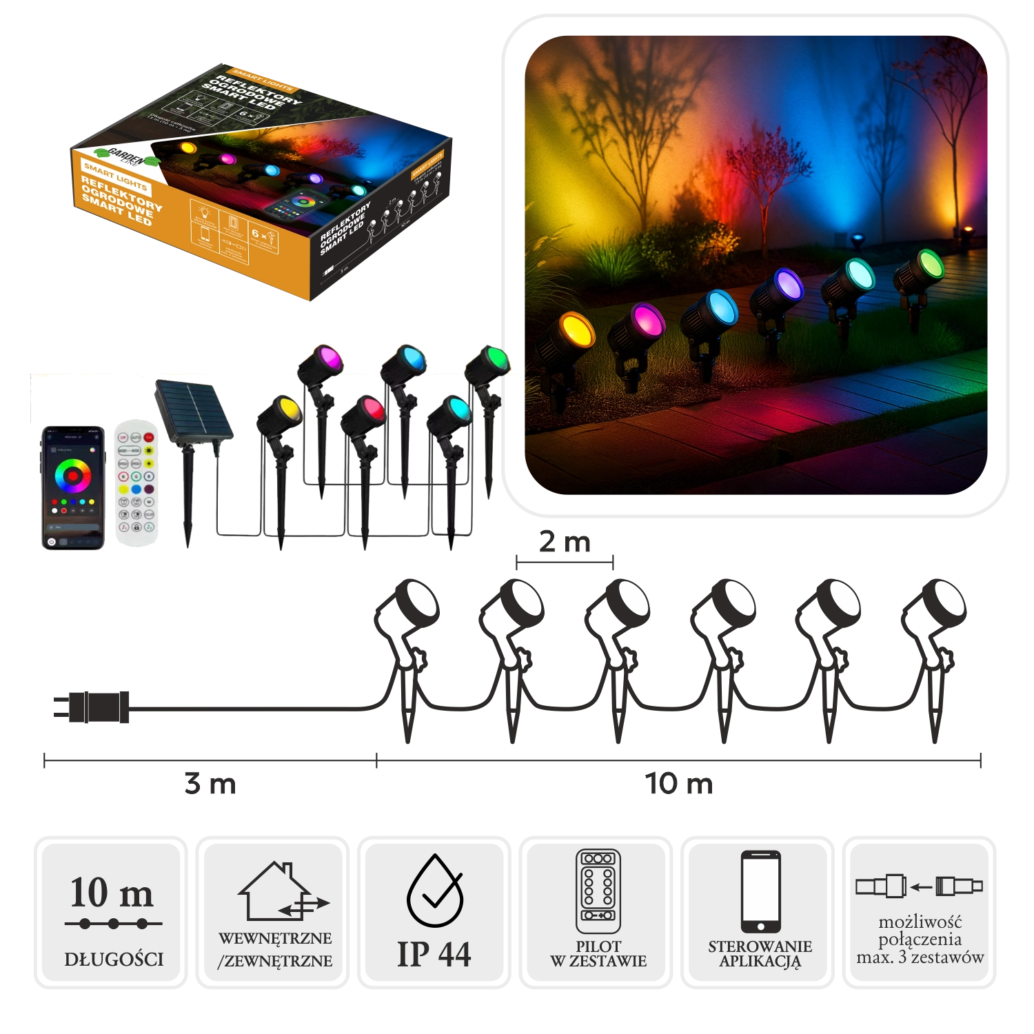 E-shop CHOMIK SMART LED ZÁHRADNÉ REFLEKTORY 6L MULTIFAREBNÝ, DL. 3 + 10 M VNÚTORNÉ/VONKAJŠIE *9315