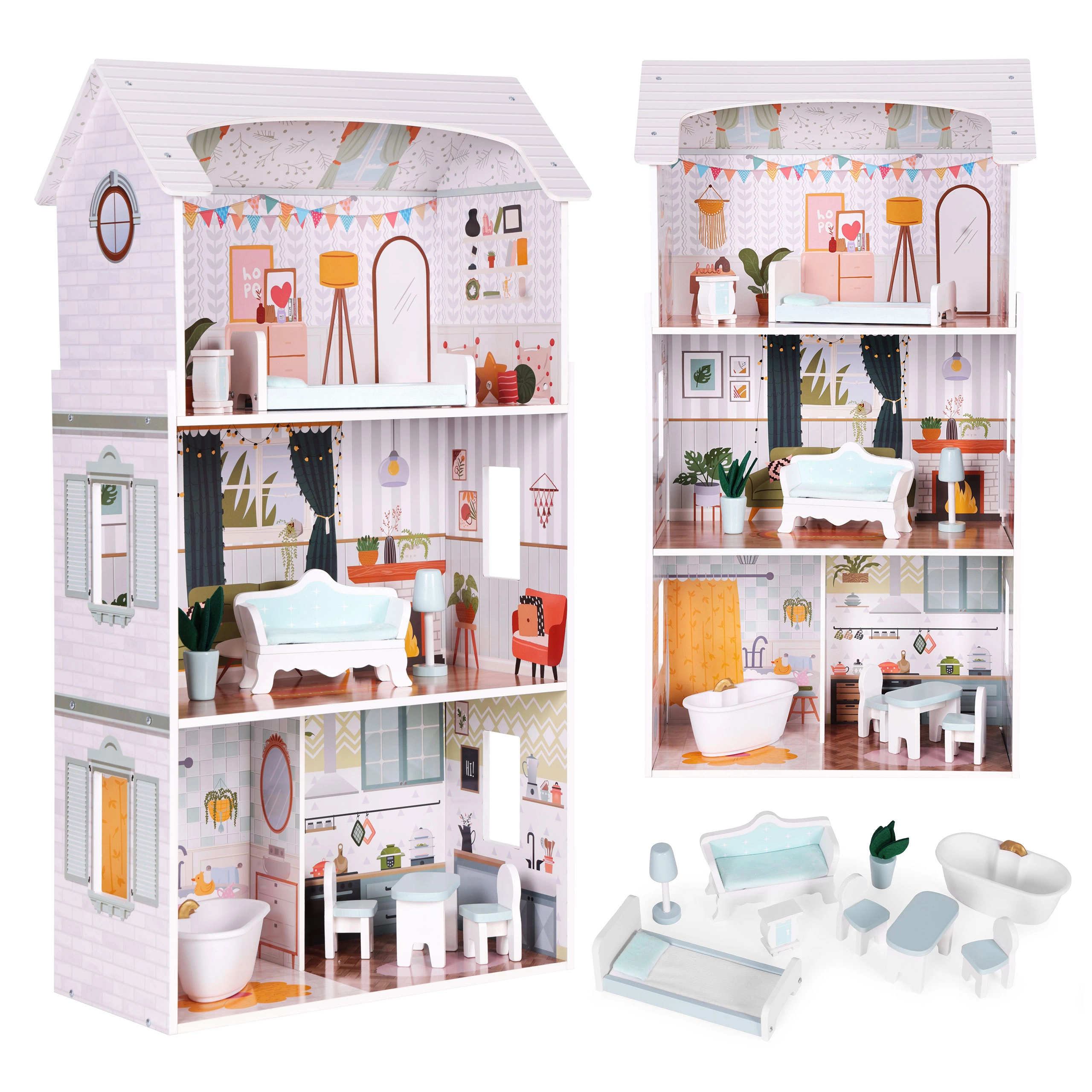 Domček pre bábiky Alice – 3 podlažia, 4 miestnosti, sada s 9 kusmi nábytku Ecotoys