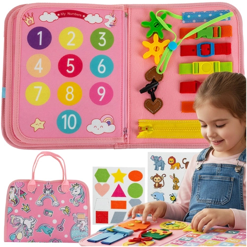 E-shop Iso Trade Kruzzel vzdelávacia Montessori senzorická kniha manipulačná tabuľa jednorožec 7 v 1